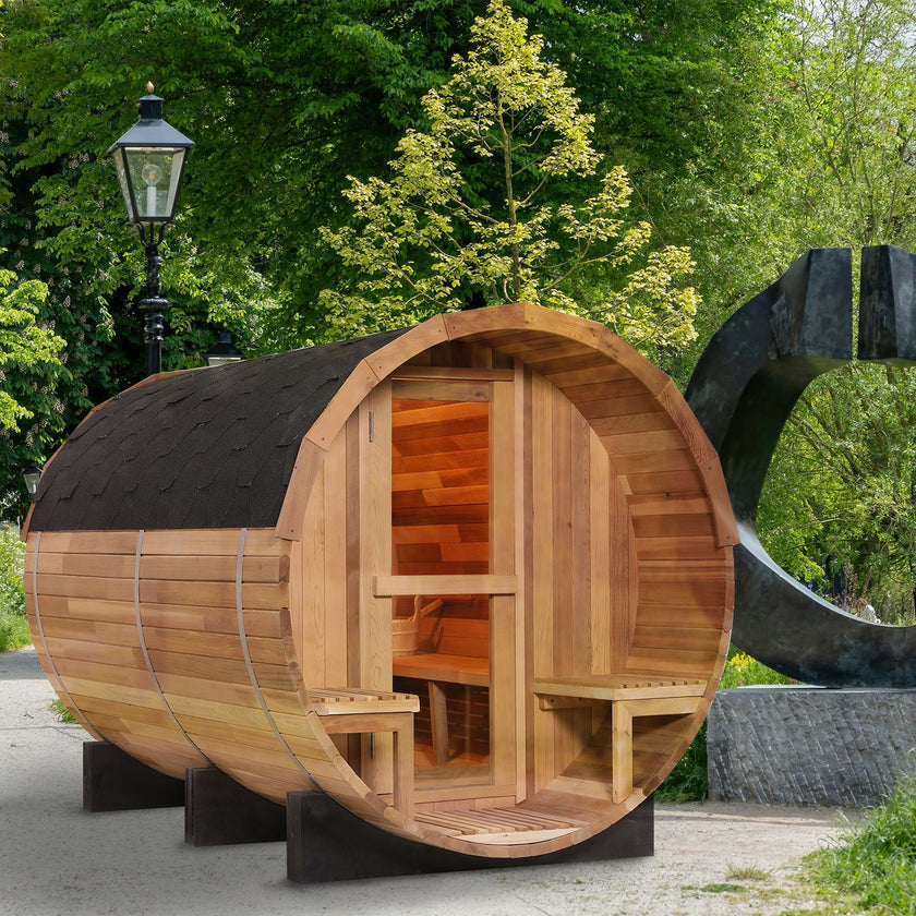 6 Person Hemlock Cedar or Outdoor Barrel Sauna with Front Porch