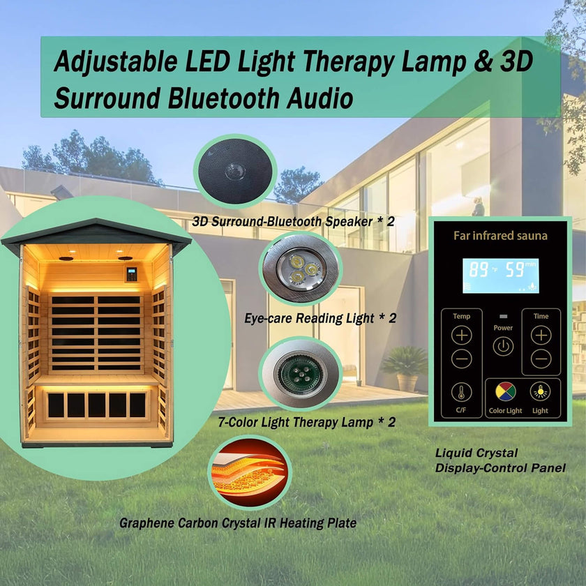 Bluetooth 2 Person Black Carbonized Walnut Low EMF Far Infrared Outdoor Sauna