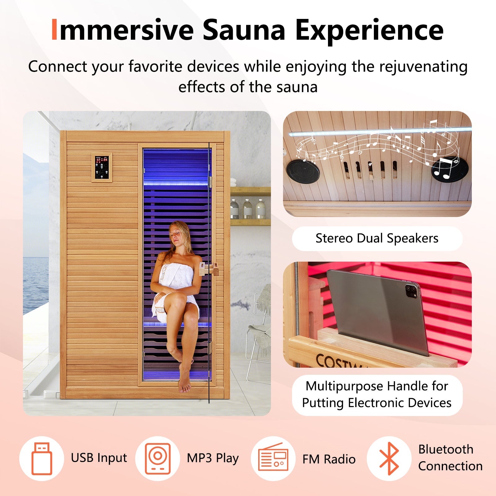 2 People Far Infrared Wooden Sauna Room with Free Red Light Therapy