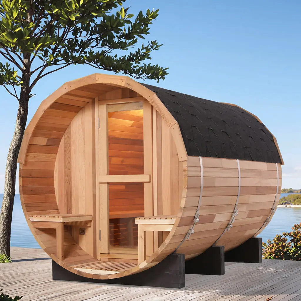 6 Person Hemlock Cedar or Outdoor Barrel Sauna with Front Porch