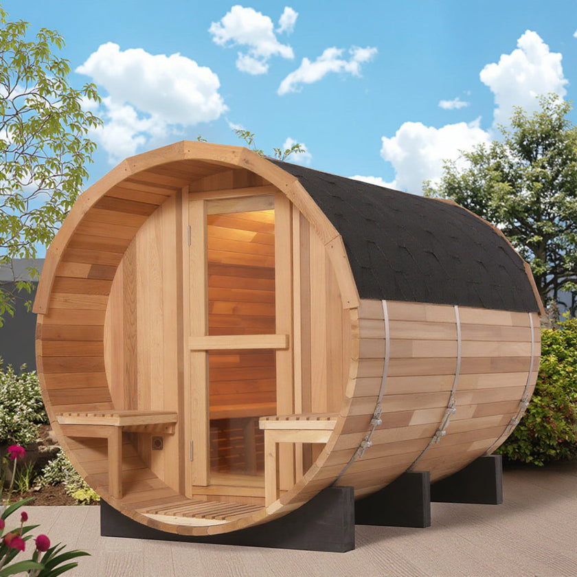 6 Person Hemlock Cedar or Outdoor Barrel Sauna with Front Porch