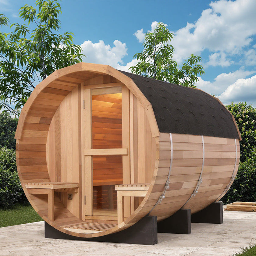 6 Person Hemlock Cedar or Outdoor Barrel Sauna with Front Porch