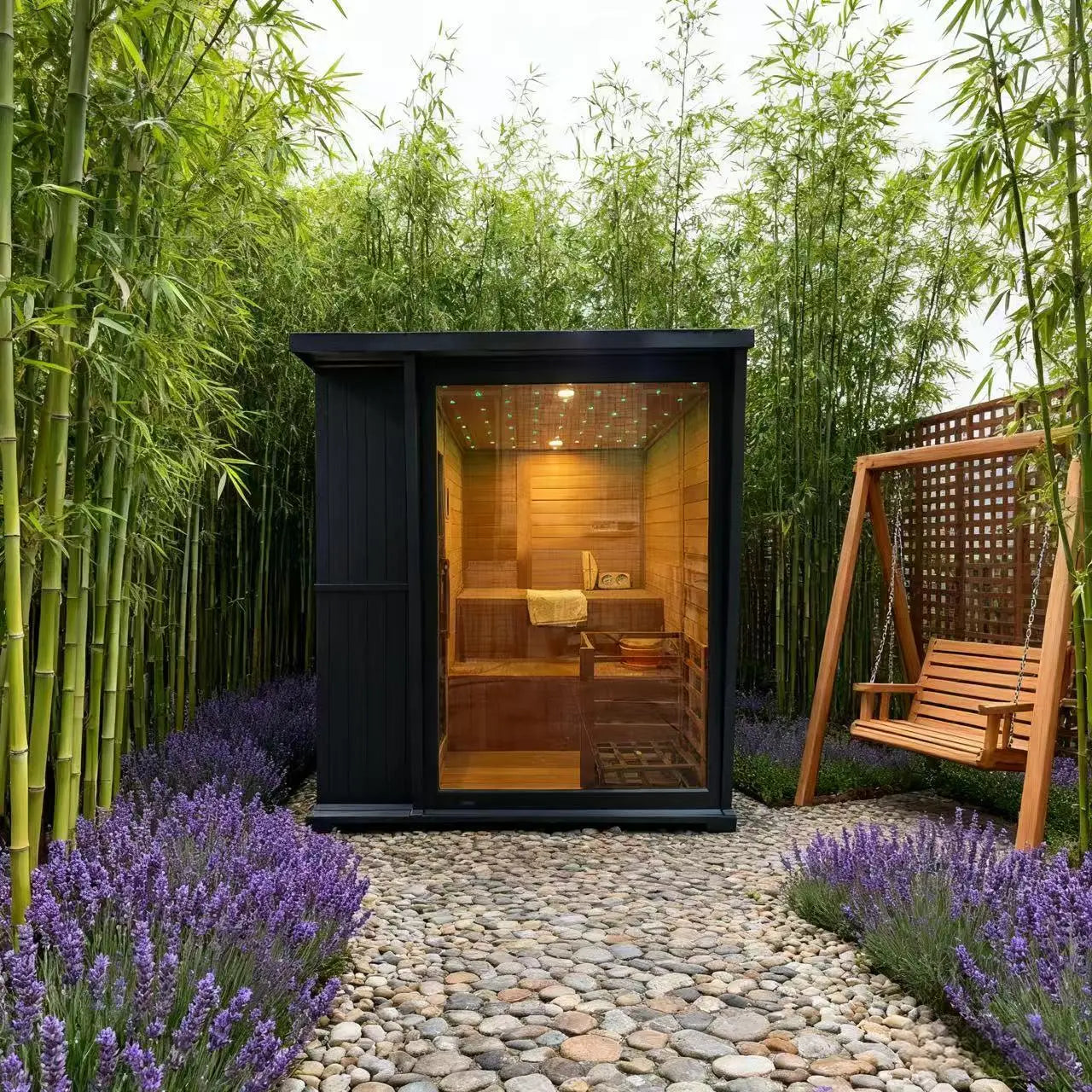 Anyi AY-200HGD Luxury Black Outdoor Cedar Sauna 4-6 Person Backyard