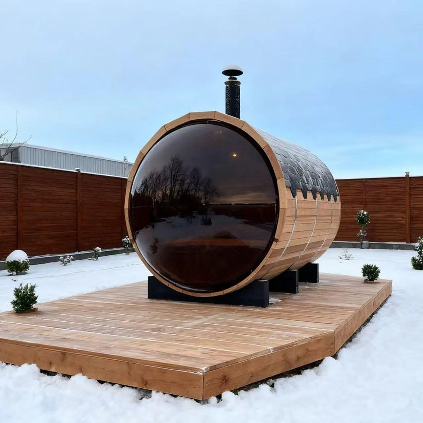 Outdoor Barrel Sauna with Porch and Panoramic Glass | Wood Burning 2–6 Person