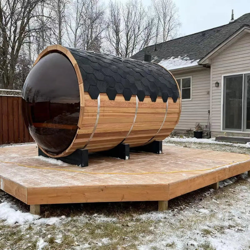Outdoor Barrel Sauna with Porch and Panoramic Glass | Wood Burning 2–6 Person