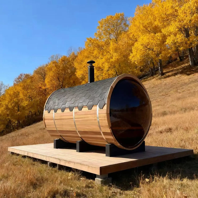Outdoor Barrel Sauna with Porch and Panoramic Glass | Wood Burning 2–6 Person