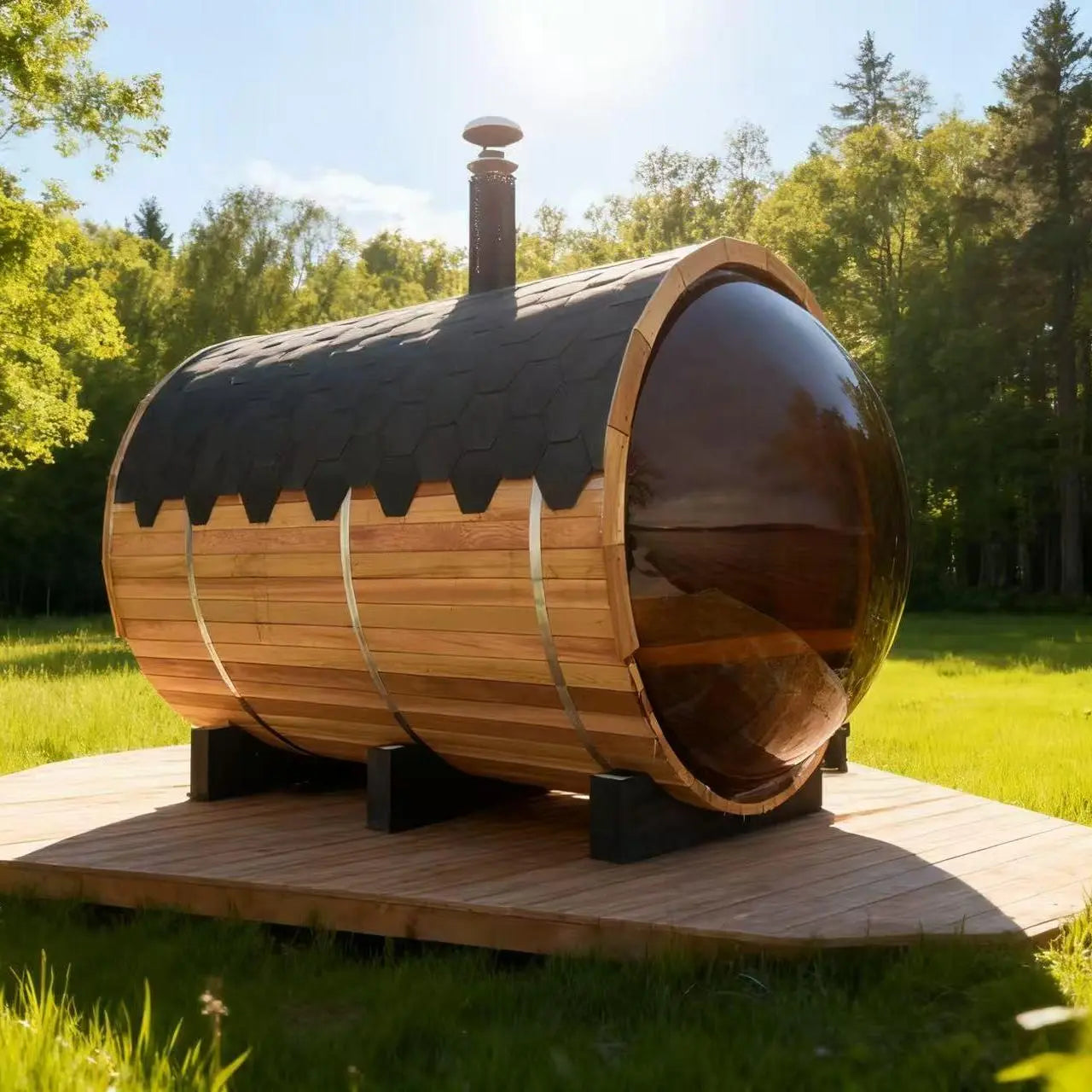 Outdoor Barrel Sauna with Porch and Panoramic Glass | Wood Burning 2–6 Person