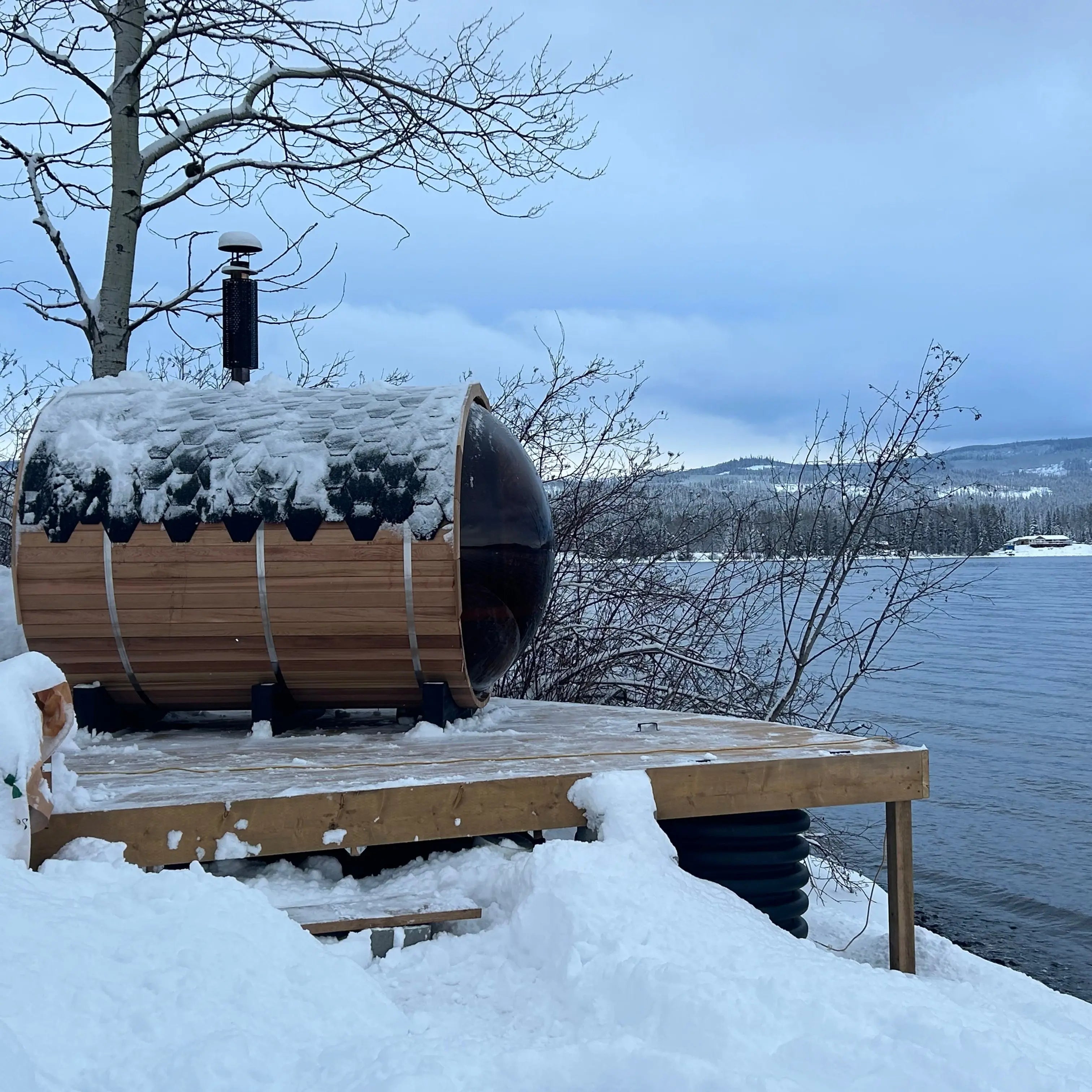 Outdoor Barrel Sauna with Porch and Panoramic Glass | Wood Burning 2–6 Person