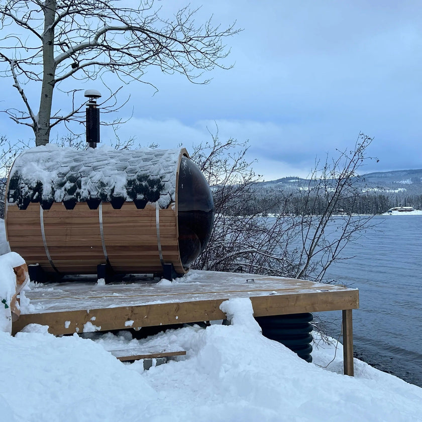 Outdoor Barrel Sauna with Porch and Panoramic Glass | Wood Burning 2–6 Person