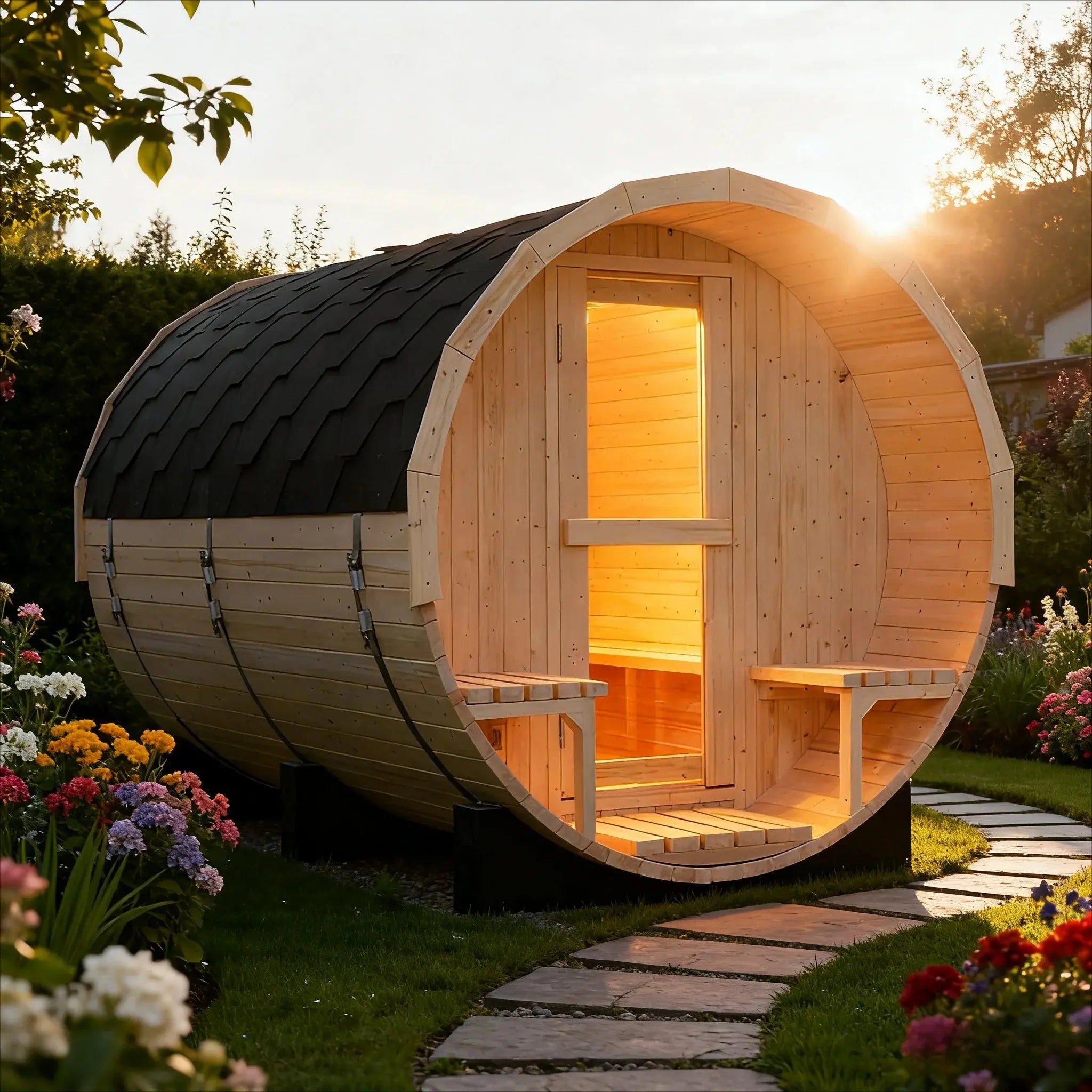 4-6 Person Outdoor Barrel Sauna - Premium White Pine Wood, All-Weather Design for Backyard Relaxation