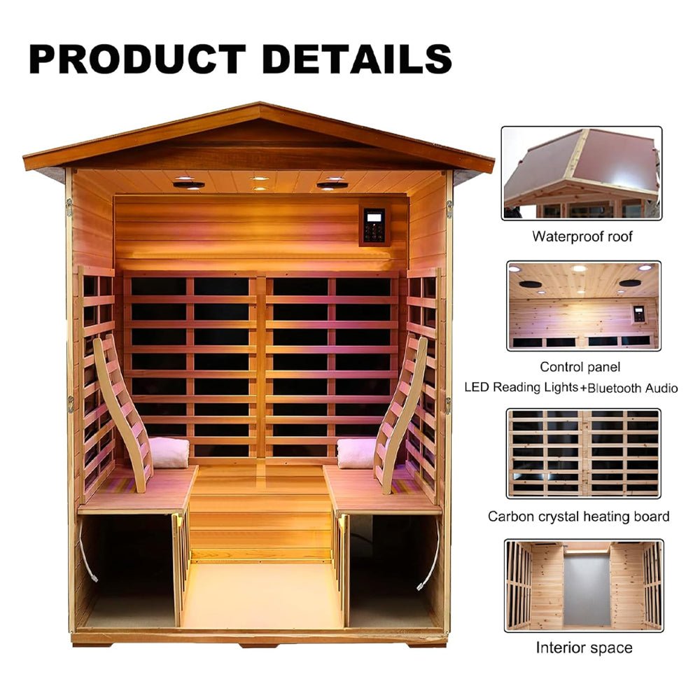 Premium 4 Person Low EMF Outdoor Far Infrared Mahogany Sauna With Bluetooth Audio