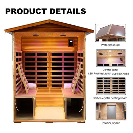 Premium 4 Person Low EMF Outdoor Far Infrared Mahogany Sauna With Bluetooth Audio