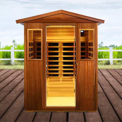Premium 4 Person Low EMF Outdoor Far Infrared Mahogany Sauna With Bluetooth Audio