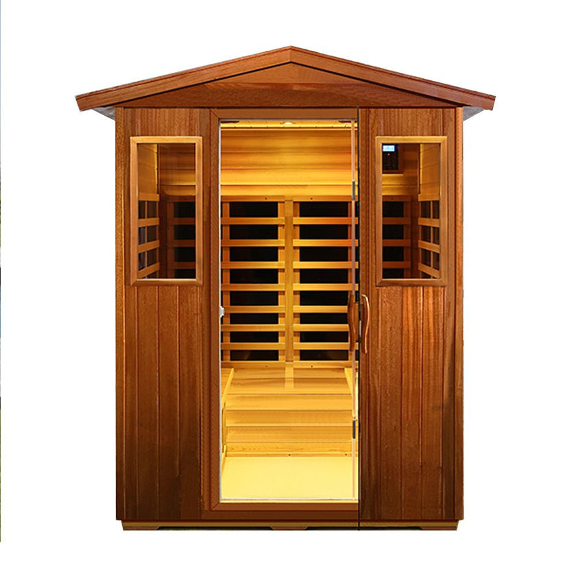 Premium 4 Person Low EMF Outdoor Far Infrared Mahogany Sauna With Bluetooth Audio