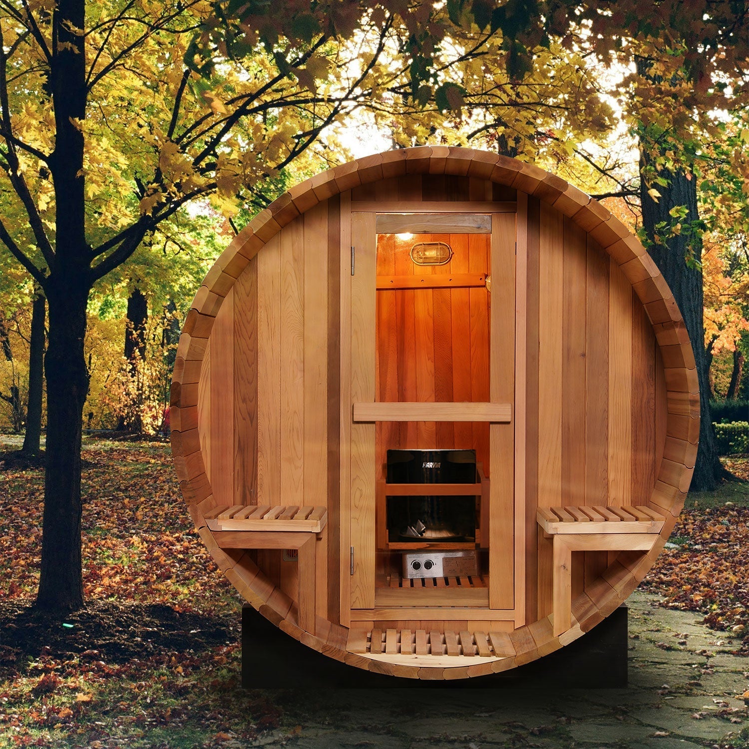 6 Person Hemlock Cedar or Outdoor Barrel Sauna with Front Porch