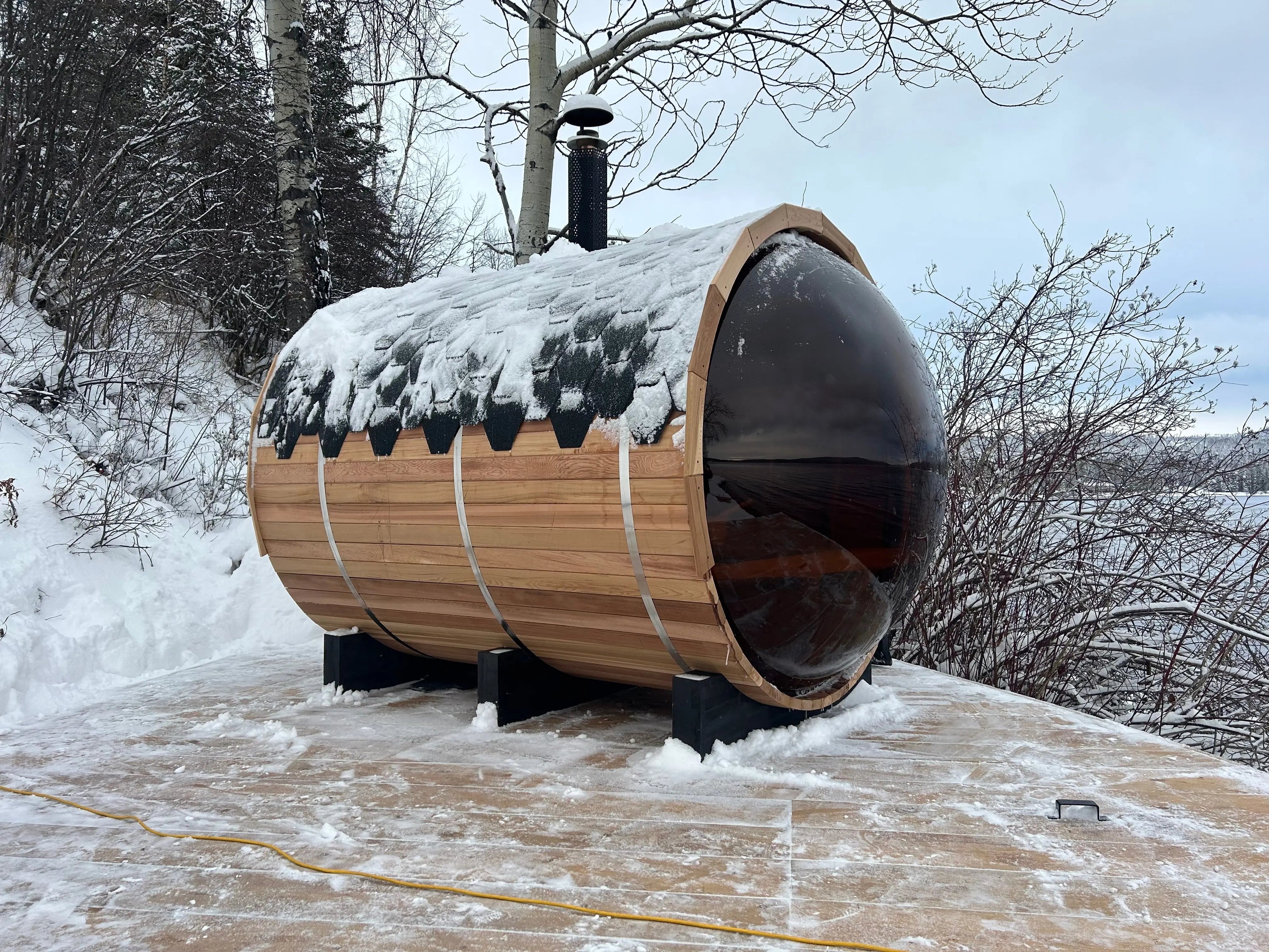 Outdoor Barrel Sauna with Porch and Panoramic Glass | Wood Burning 2–6 Person