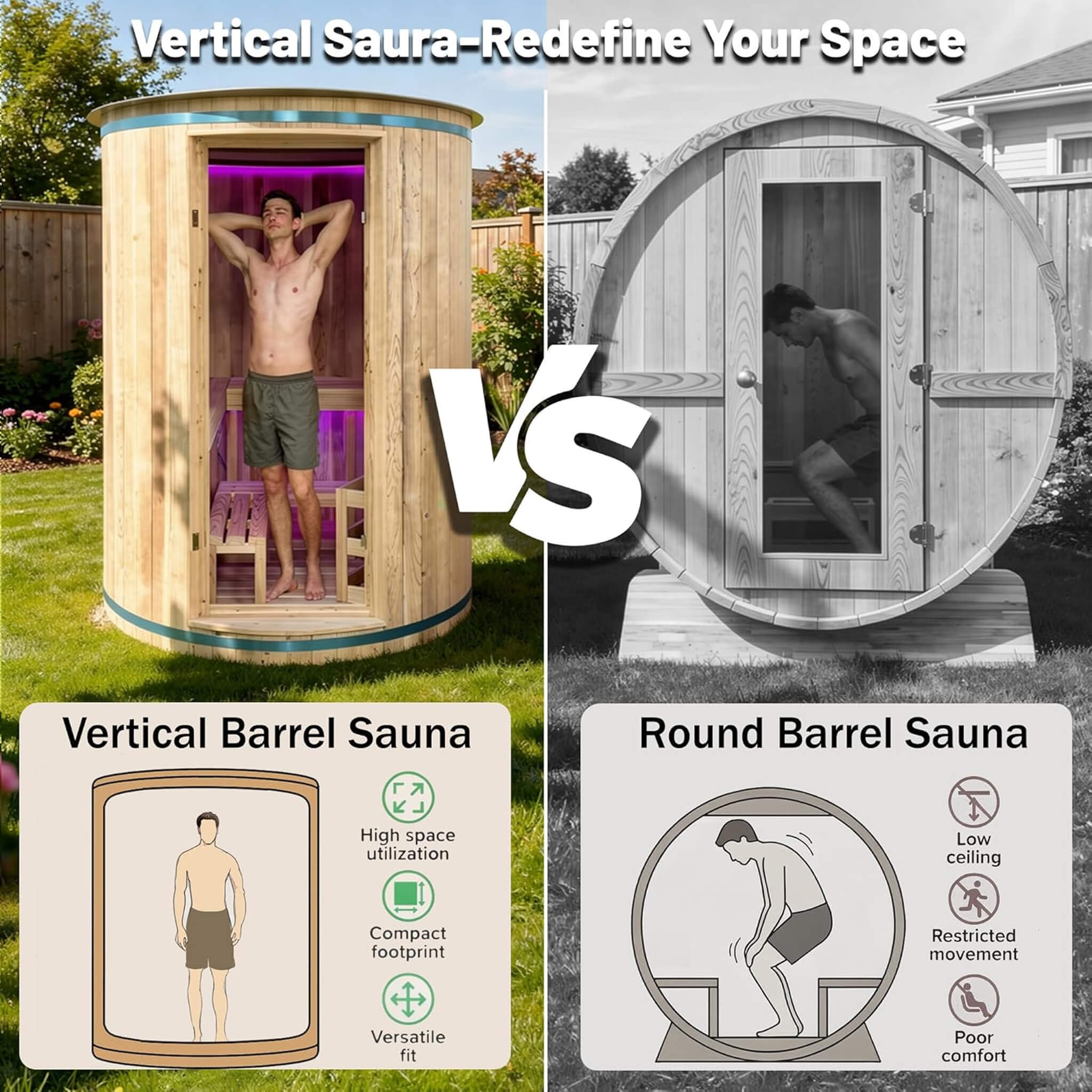 Thermora Barcelona Outdoor Cedar Barrel Sauna 4 Person 6kW Heater LED Lights