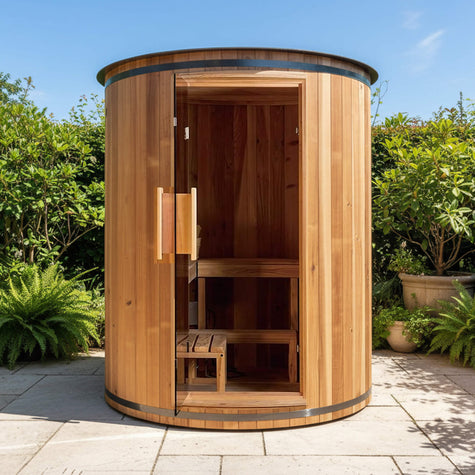 Thermora Barcelona Outdoor Cedar Barrel Sauna 4 Person 6kW Heater LED Lights