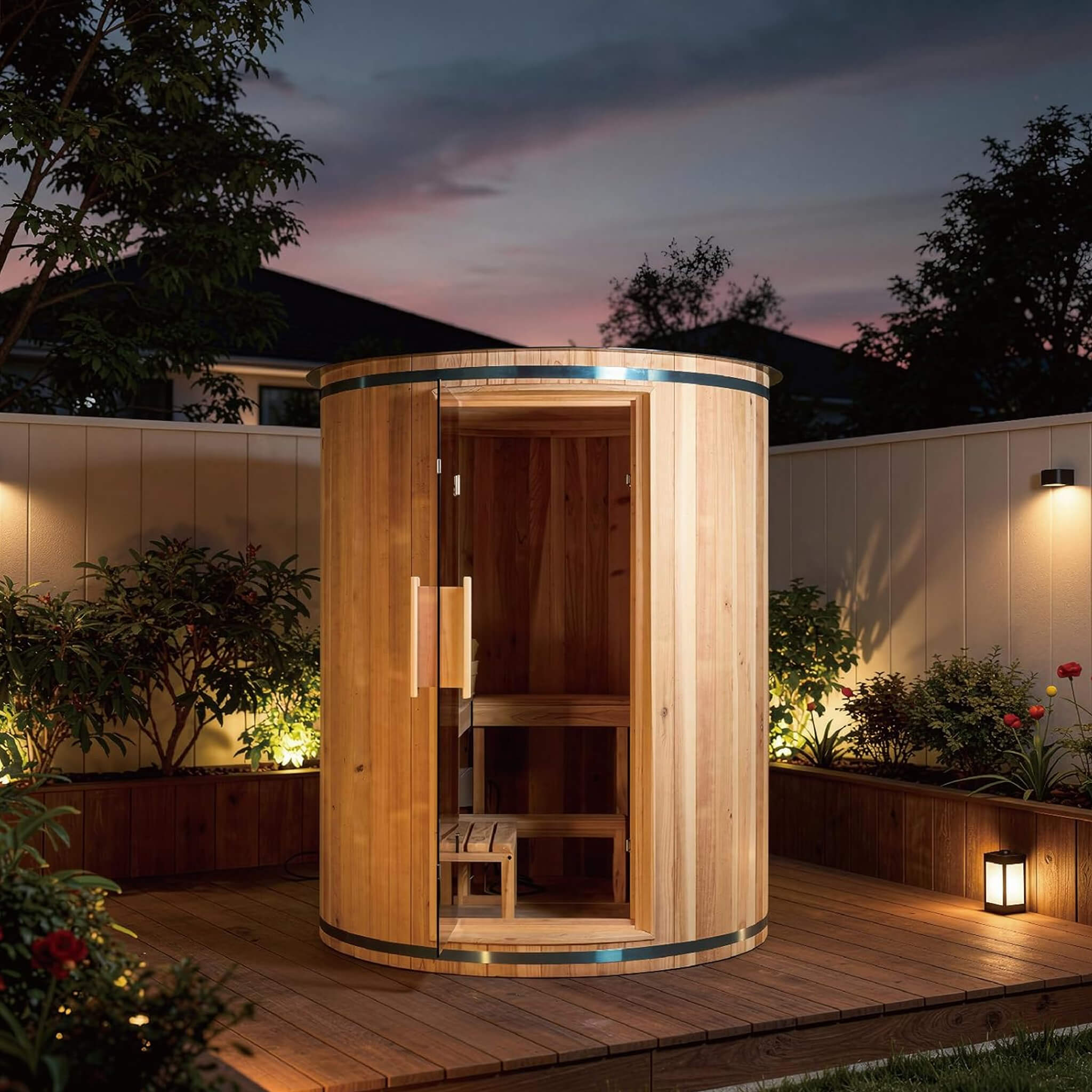 Thermora Barcelona Outdoor Cedar Barrel Sauna 4 Person 6kW Heater LED Lights