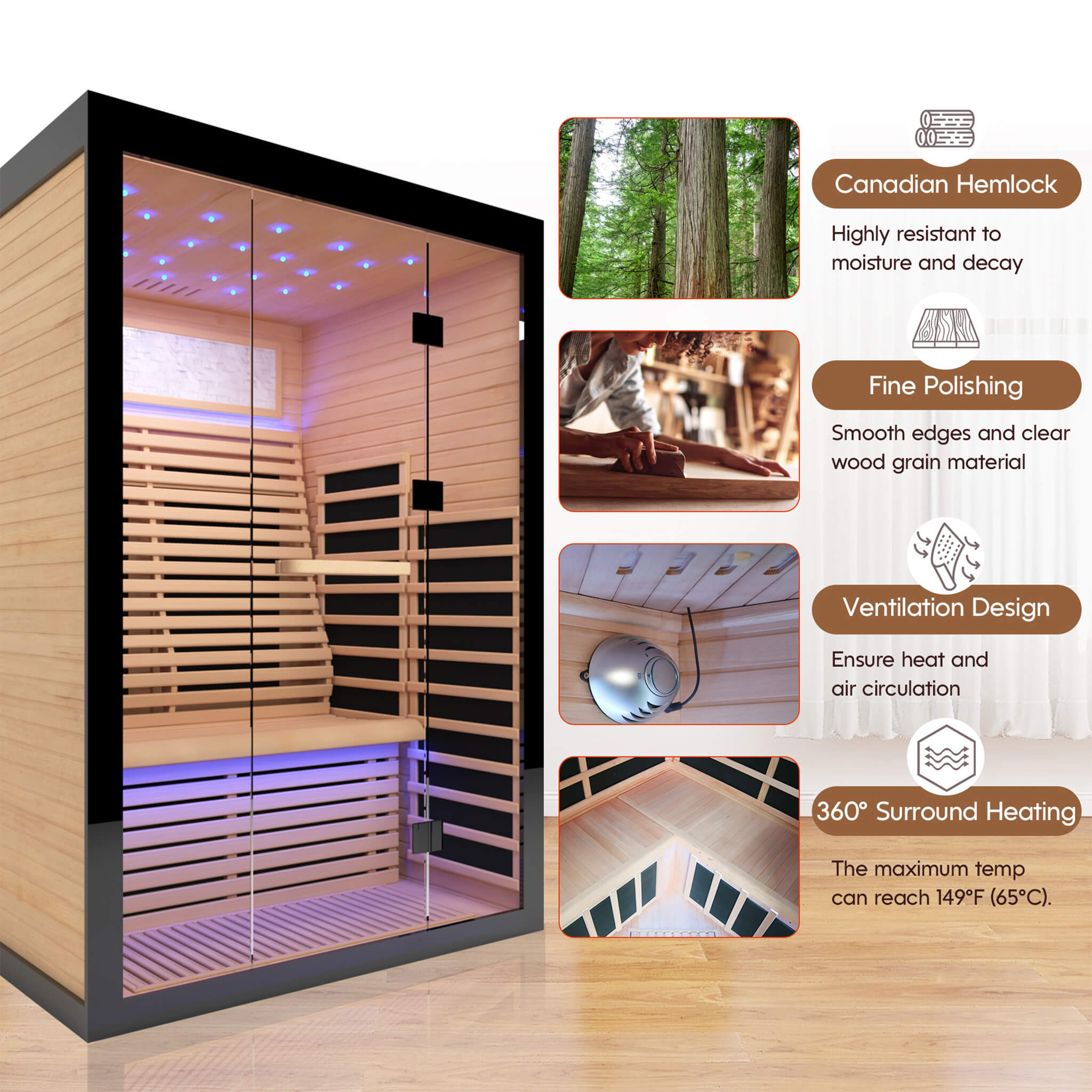 Thermora Luxury 2 Person Canadian Hemlock Far Infrared Home Sauna