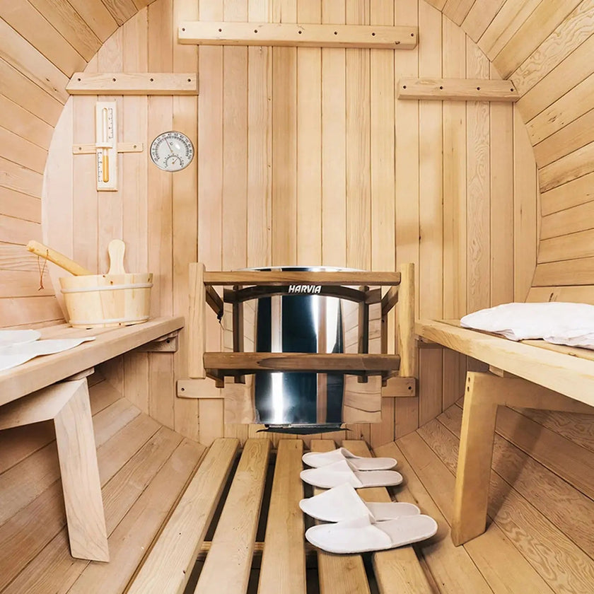 4 Person Outdoor Barrel Sauna – Red Cedar or Hemlock Traditional Steam Sauna Kit with Waterproof Tile