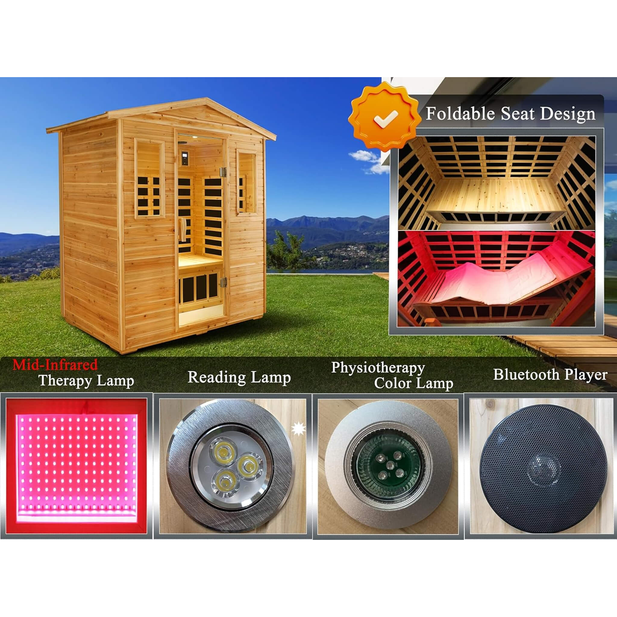 Bluetooth Premium 3 Person Outdoor Full Spectrum Low EMF Infrared Sauna With LED Reading Light