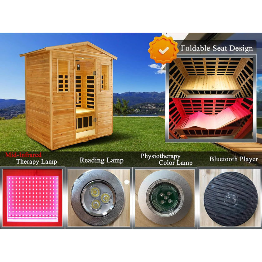 Bluetooth Premium 3 Person Outdoor Full Spectrum Low EMF Infrared Sauna With LED Reading Light