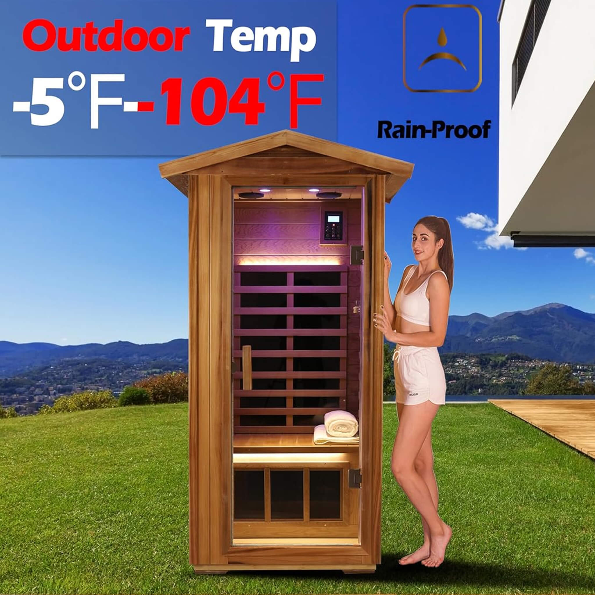Thermora 1 Person Outdoor Red Cedar Infrared Sauna with Low EMF & Bluetooth