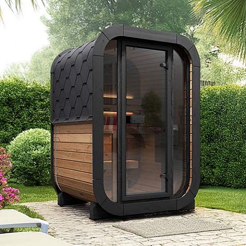 SaunaLife 2 Person Outdoor Sauna Cube Series Glass Front Thermo Wood