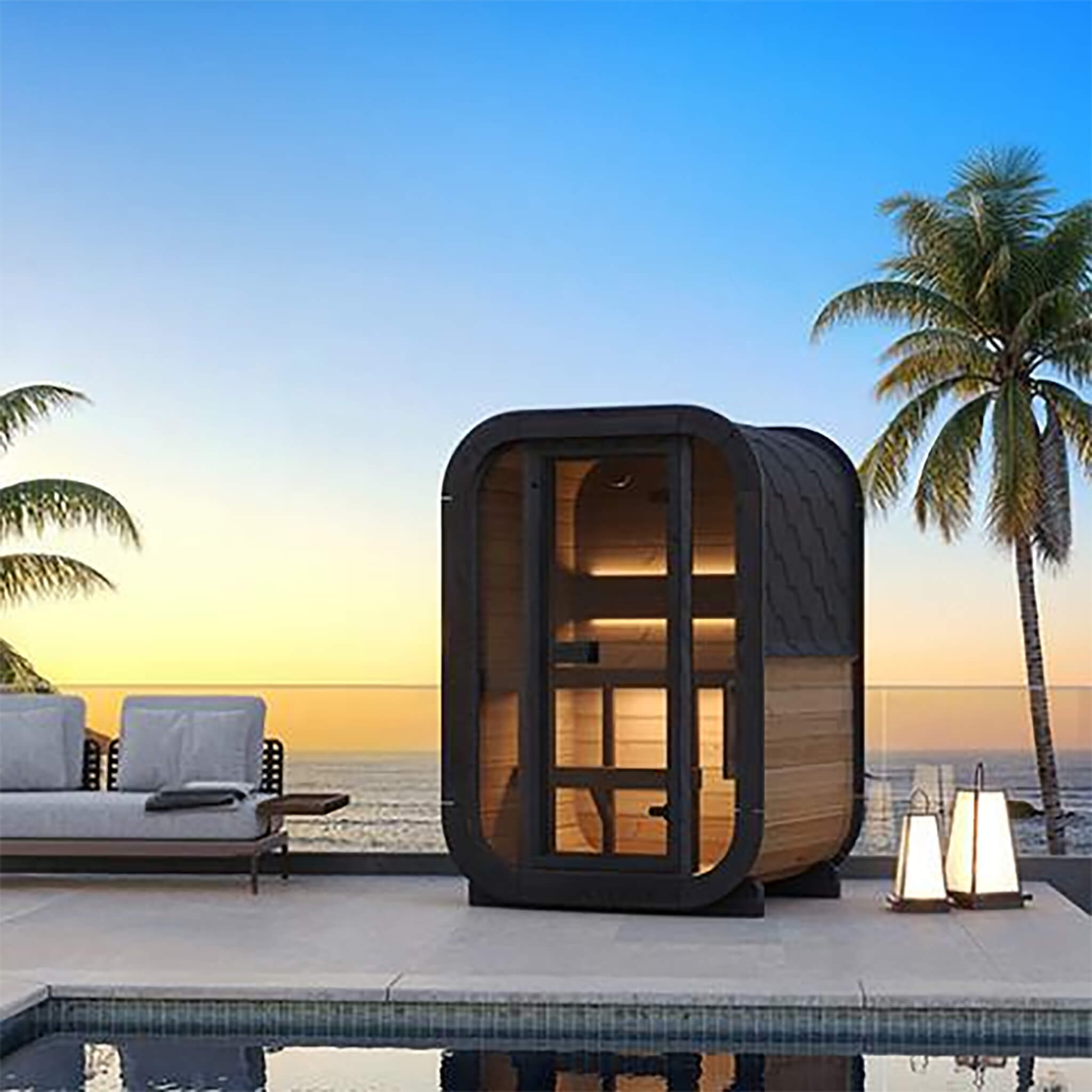 SaunaLife 2 Person Outdoor Sauna Cube Series Glass Front Thermo Wood