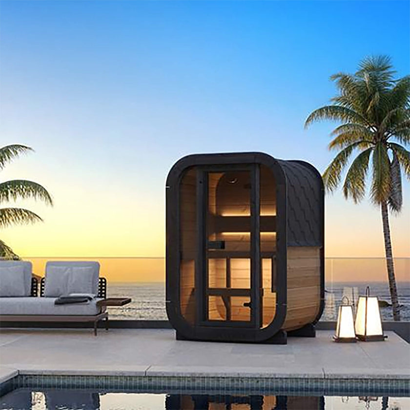 SaunaLife 2 Person Outdoor Sauna Cube Series Glass Front Thermo Wood