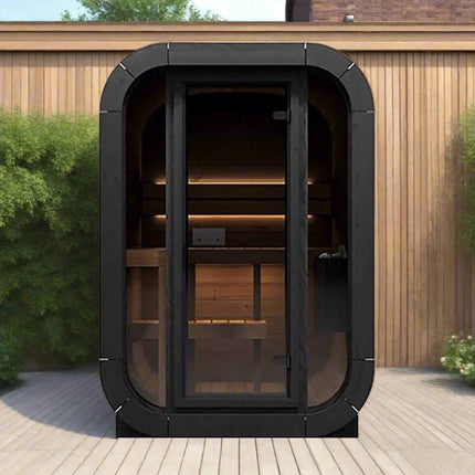 SaunaLife 2 Person Outdoor Sauna Cube Series Glass Front Thermo Wood