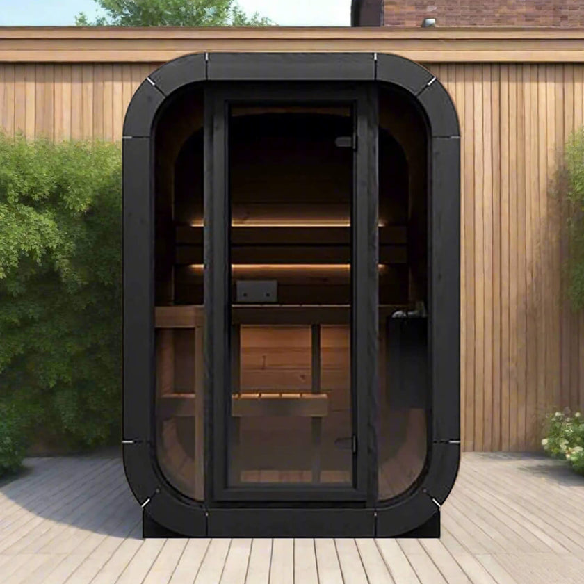 SaunaLife 2 Person Outdoor Sauna Cube Series Glass Front Thermo Wood