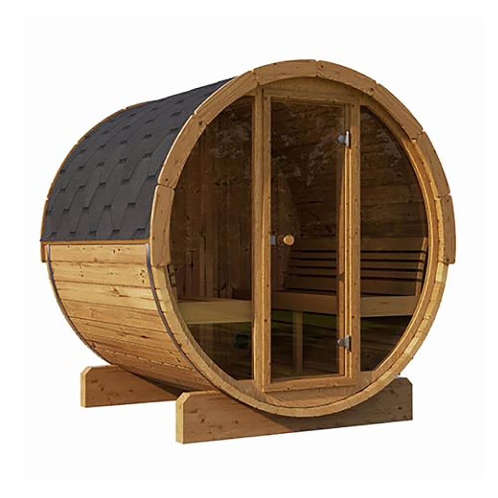 SaunaLife E7G Spruce 4 Person Barrel Sauna Outdoor Glass Front
