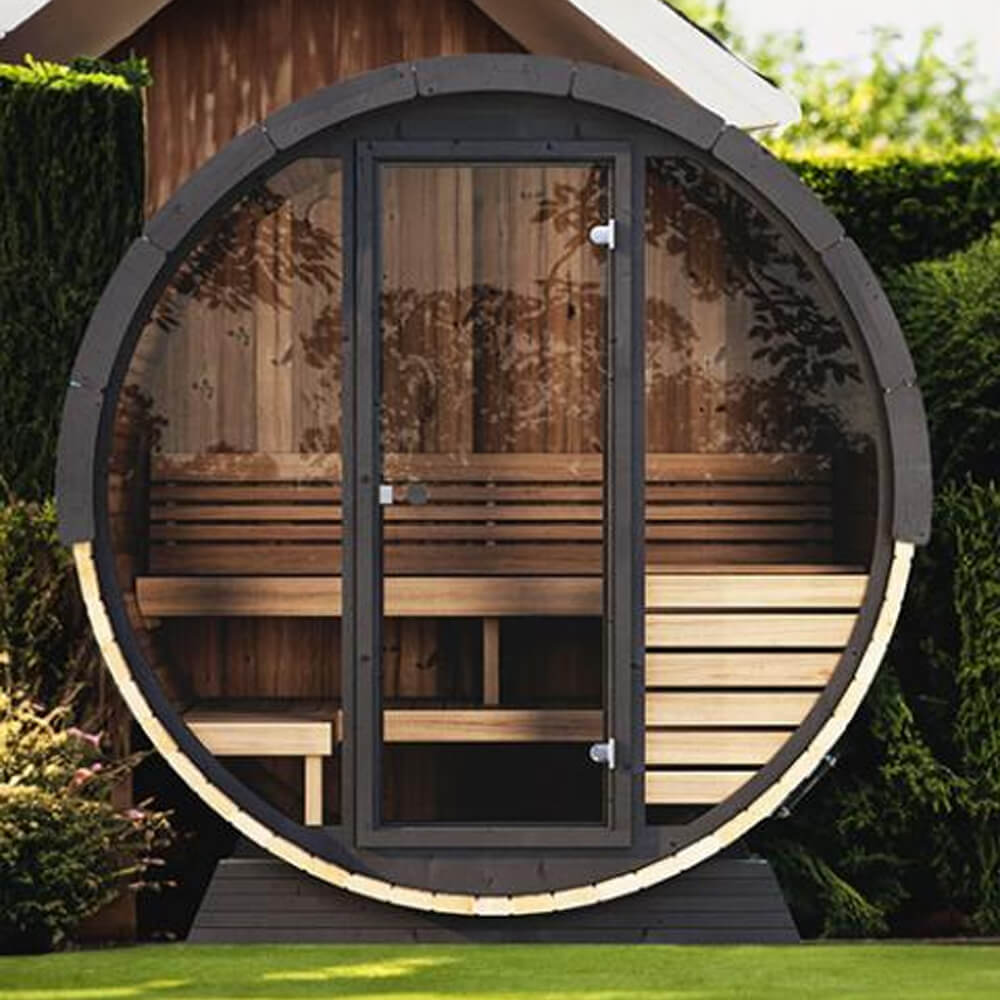 4 Person Outdoor Barrel Sauna Thermo Spruce Glass Front