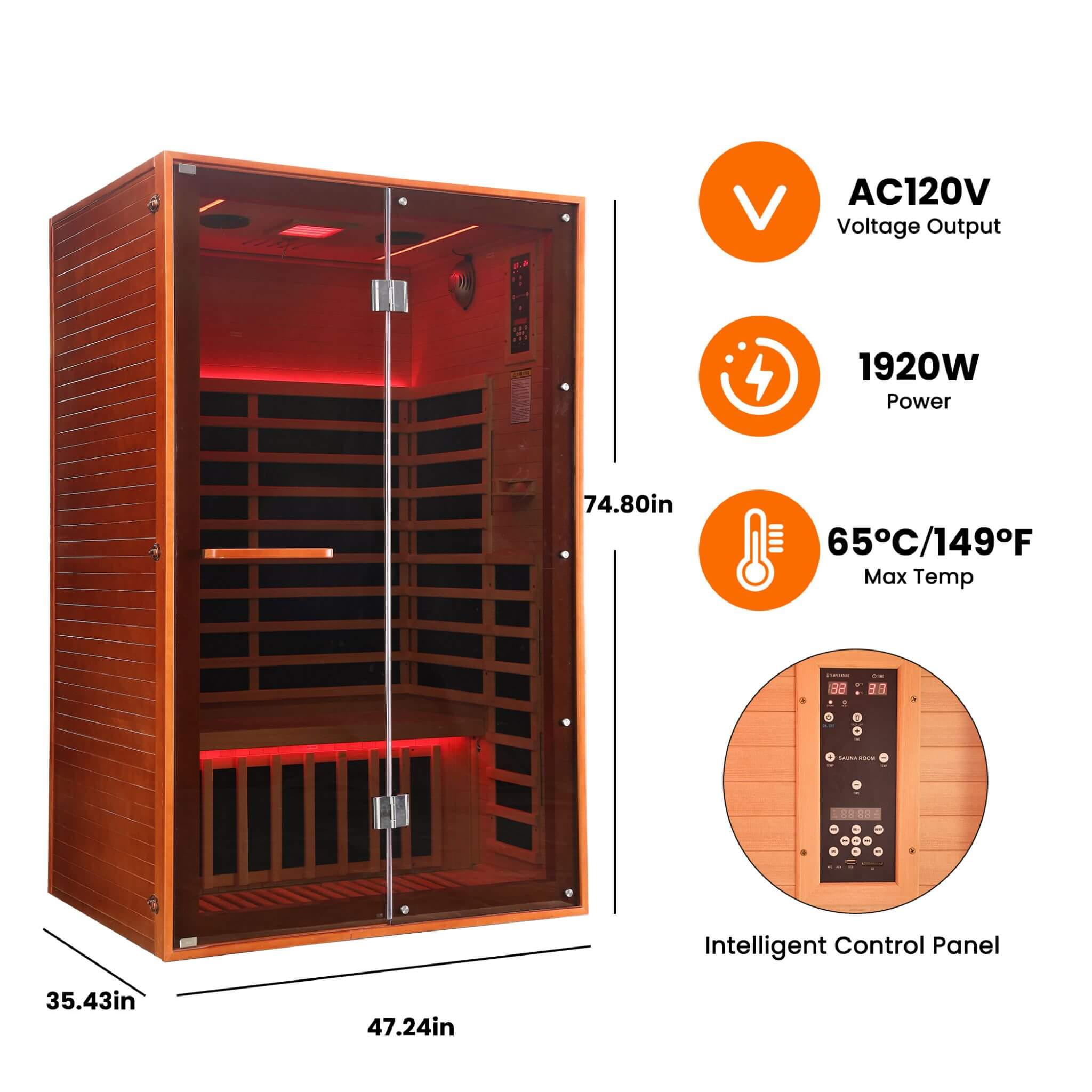 2 Person Infrared Sauna Canadian Hemlock Glass Front