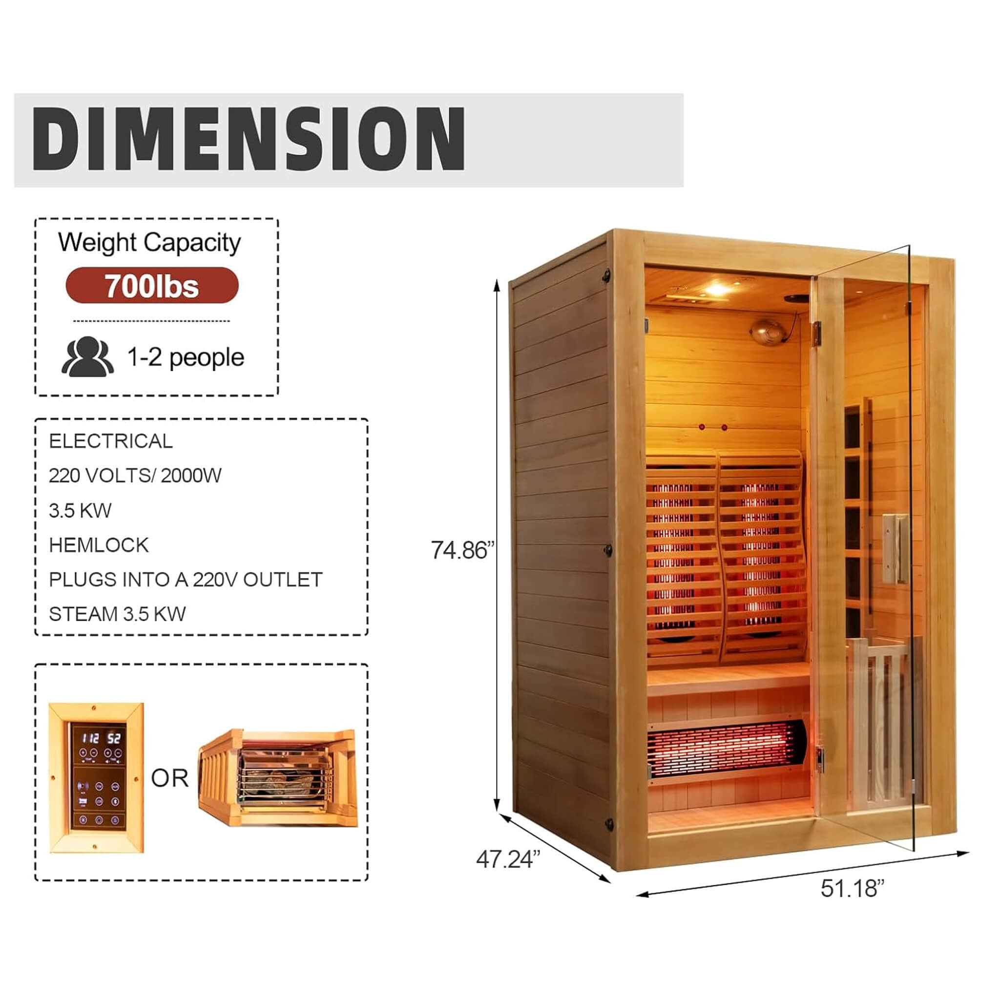 Rövia Luma Indoor 2 Person Dual System Sauna Room