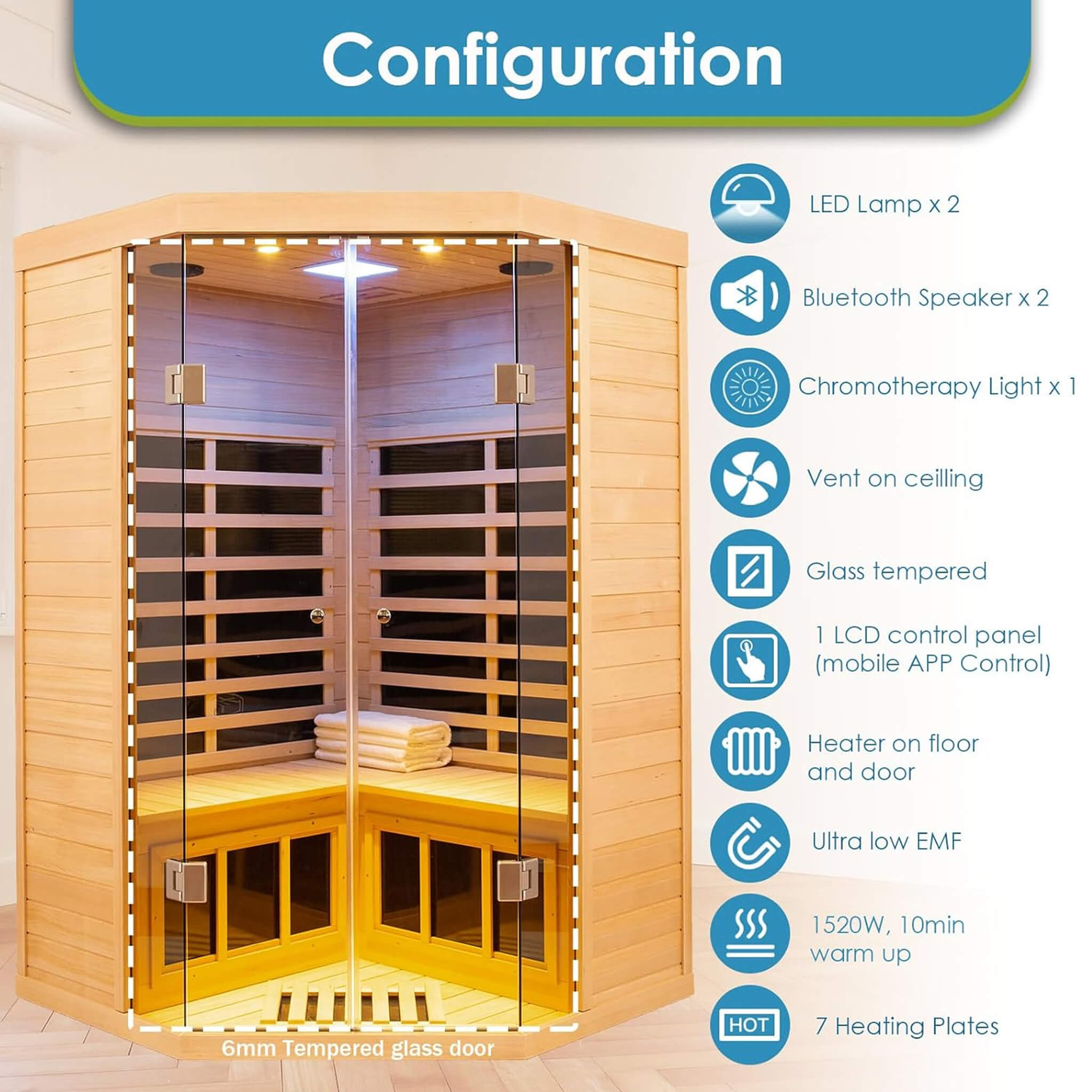 2 Person Corner Infrared Cedar Sauna with Bluetooth Speakers